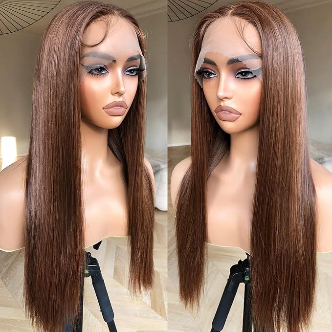 26-32 inch hand woven black long straight hair wig with lace front, elegant long straight hair, chemical fiber wig (light brown, 26inch)