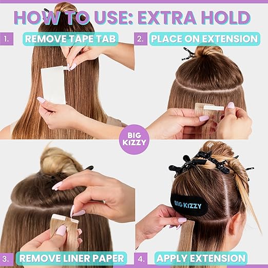 Big Kizzy Extra Hold Double Sided Hair Extension Tape - 144 tabs replacement tape - Strong hold of 6-8+ weeks - Made in USA