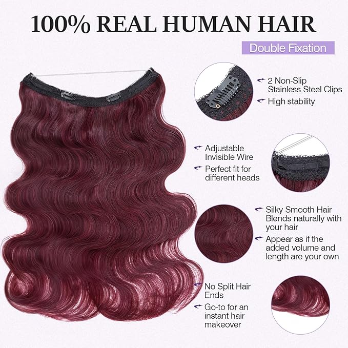 Halo Hair Extensions Real Human Hair,Halo Hair Extension 100% Human Hair,Wire Hair Extensions,Wavy 99J Burgundy Wine Red 65g/16inch