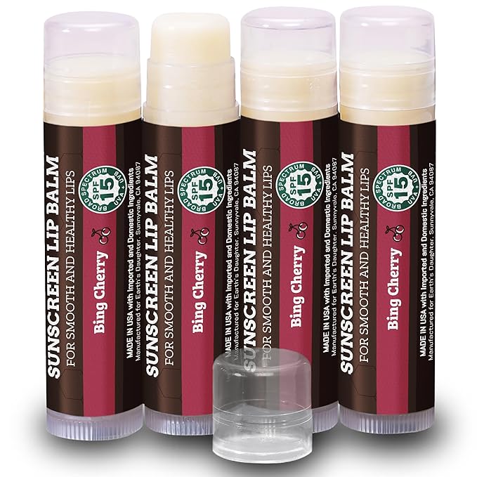 Earth's Daughter SPF Lip Balm Cherry Flavor 4-Pack Stocking Stuffers - Lip Sunscreen, SPF 15, Organic Ingredients, Beeswax, Coconut Oil, Vitamin E - Hypoallergenic, Paraben Free, Gluten Free