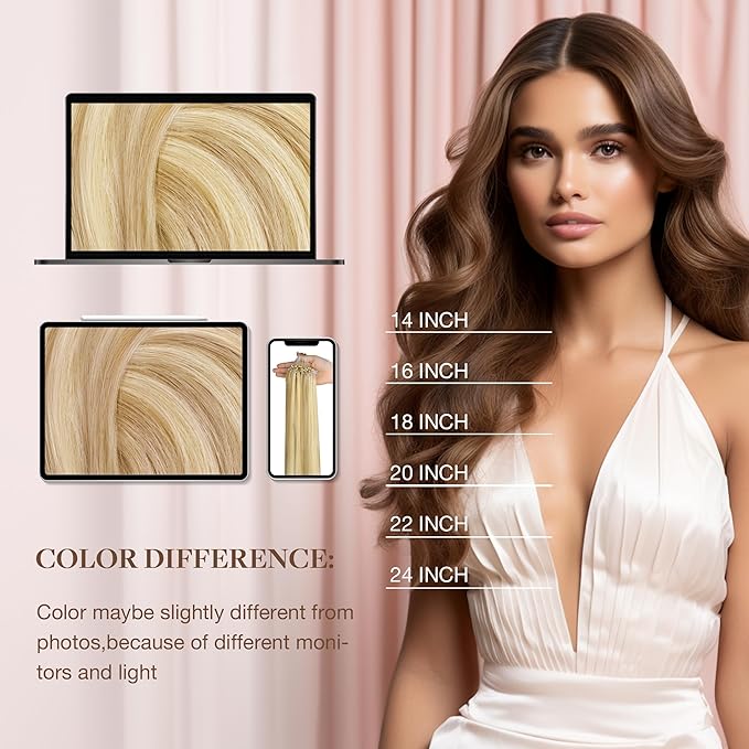 GOO GOO Micro Link Tip Hair Extensions, Real Human Hair, 14inch 50g 50S, Cold Fusion, Invisible Remy, 18D/22F Dirty Blonde Highlights