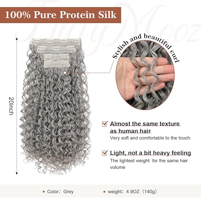 Flufymooz Clip in Hair Extensions, 4PC 100％ Pure Protein Silk Hair Extensions Long Soft Natural Hairpiece 20 Inch Curly Hair Extension for Women-Grey