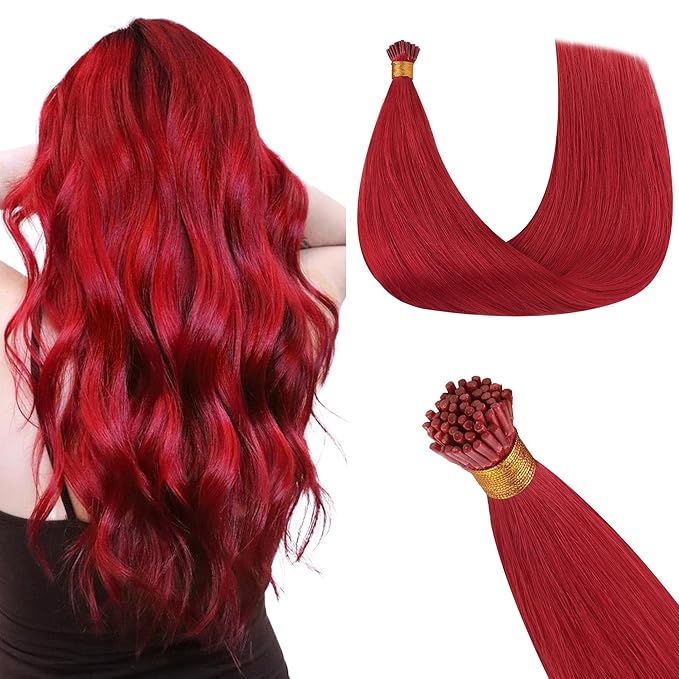 GOO GOO Colored I Tip Hair Extensions, Real Human Hair, 22inch 50g 50S, Cold Fusion, Invisible Remy, Red