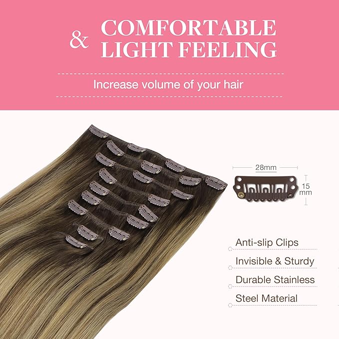 GOO GOO Clip in Hair Extensions Real Human Hair, Remy Human Hair Extensions Clip ins for Women, Natural Human Hair, 22inch 220g 9Pcs, #4/27/4 Balayage Chocolate Brown to Caramel Blonde