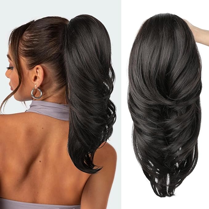 SEIKEA Versatile Drawstring Ponytail Extension, 18" Long Wavy Multi Layered Clip in Ponytail Hair Extensions Stand Up High Fake Pony Tail Soft Natural Synthetic Hairpiece for Women Black Brown