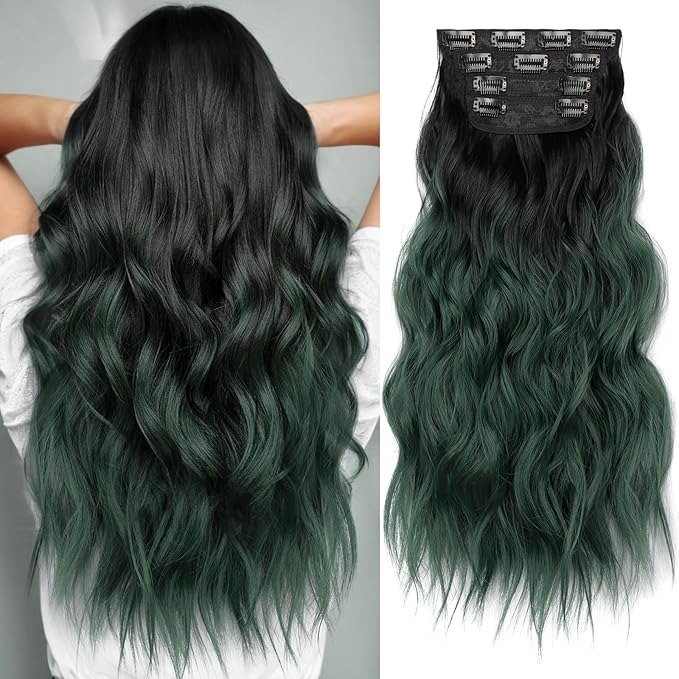 KooKaStyle Clip in Synthetic Hair Extensions Long Wavy 4PCS Thick Hairpieces Black to Green Ombre Fiber Double Weft Natural Hair Extensions 20 Inch for Women