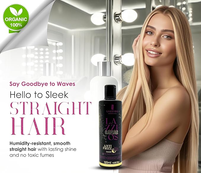 Lazzios Caviar Organic Hair Protein 120 ml (4 oz) – Brazilian Professional Straightening & Smoothing Treatment – Safe Formula with No Toxic Acids, Hyaluronic Acid, Keratin, Caviar & Argan Oil