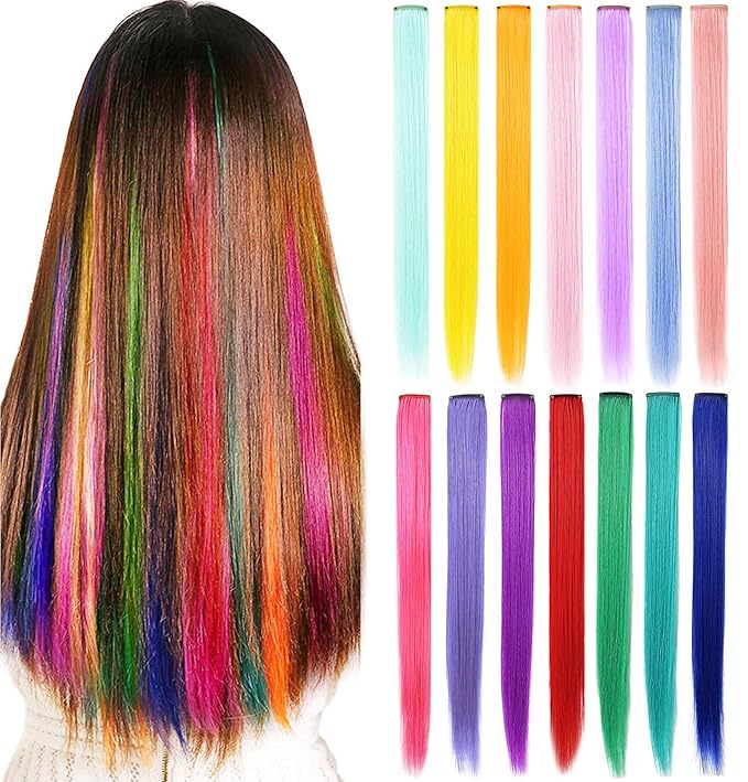 Rhyme 14 PCS 21 inch Colored Hair Extensions Clip in/on for America Women Girls hiar Accessories Wig Pieces Synthetic Rainbow Hair Extensions (Multicolour)