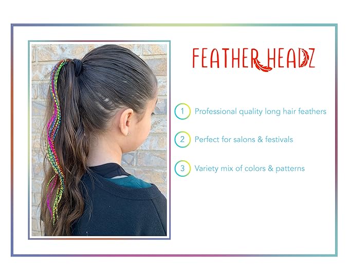 21 Rainbow Grizzly Color Hair Extensions – 9”–14” Long – DIY Rooster Kit with 20 Micro-Link Beads – 100% Real Feathers – Eye-Catching Boho Style