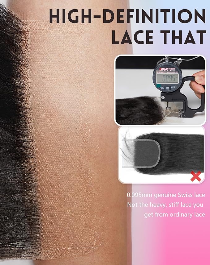 5x5 HD Lace Closure Body Wave Human Hair 0.095mm Ultra-Thin Invisible Skinlike Transparent Frontal HD Swiss Lace Closure Only Pre-Plucked Bleached Knots Raw Human Hair(5x5 Natural Black 14 Inch)