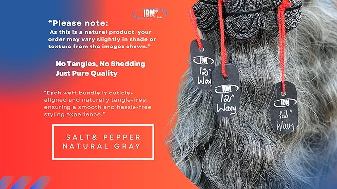 Salt & Pepper/Natural Gray-100% Natural Indian Virgin Raw Hair Extensions.Natural color unprocessed and not treated with any kind of chemicals (12" Wavy Salt and Pepper)