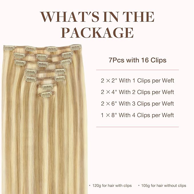 GOO GOO Clip in Hair Extensions Real Human Hair, Remy Human Hair Extensions Clip ins for Women, Natural Human Hair, 16inch 120g 7Pcs, 18D/22F Dirty Blonde Highlights