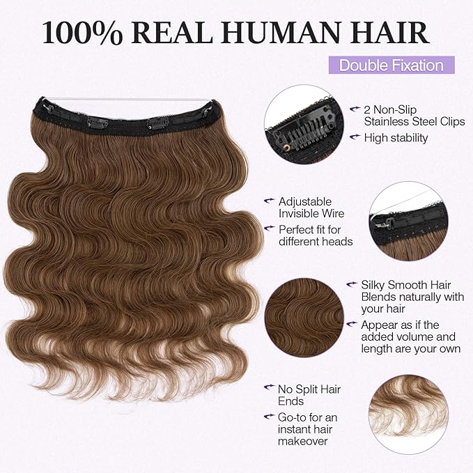 Halo Hair Extensions Real Human Hair,Halo Hair Extension 100% Human Hair,Wire Hair Extensions,Wavy Warm Brown 12inch/55g