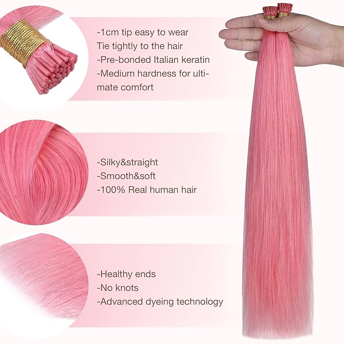 GOO GOO Colored I Tip Hair Extensions, Real Human Hair, 20inch 50g 50S, Cold Fusion, Invisible Remy, Peach Pink