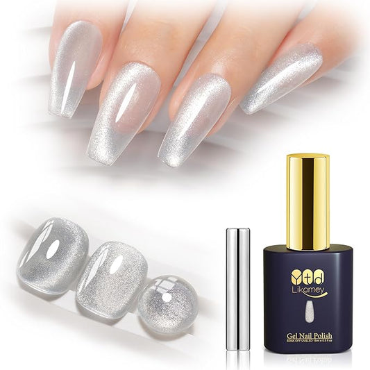 YTD Likomey Cat Eye Gel Nail Polish,Crystal 15ml Silver Magnetic Shimmer Shimmer Glitter Translucent Jelly Shiny Fall Winter Salon Home UV Nail Varnish with Magnet Stick,HEMA Free TPO Free,MY517
