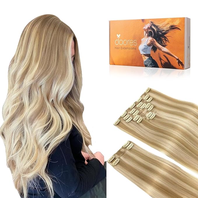 DOORES Hair Extensions Real Human Hair, Dark Blonde Highlighted Bleach Blonde 150g 18 Inch 9pcs, Remy Hair Extensions Clip in Human Hair Extensions Human Hair Natural Straight Thick Hair