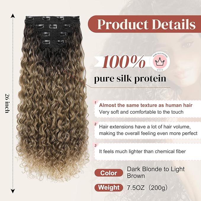 LONAI 4PC Clip in Hair Extensions, 100％ Pure Protein Silk Curly Hair Extension for Women, 26 Inch Long Soft Natural Hair Extensions-Dark Blonde to Light Brown