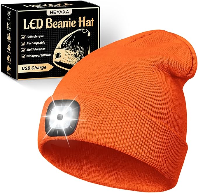 Unisex LED Beanie with Light, Rechargeable Headlamp Hat, Stocking Stuffers Christmas Gifts for Men, Warm Knitted Cap White Elephant Gifts for Dad Adults Teens Men Women Him