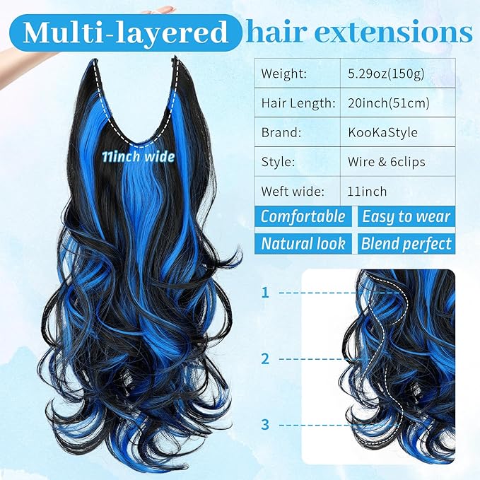 KooKaStyle Invisible Wire Hair Extensions Long Wavy Layered Synthetic Hair with Transparent Wire Adjustable Size 6 Secure Clips Hairpieces for Women(Black with Blue 20 Inch)