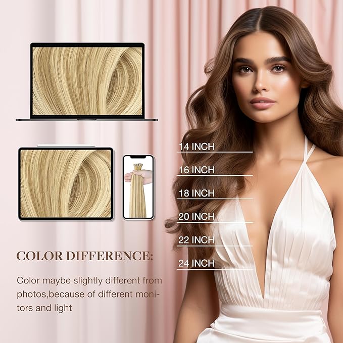 GOO GOO I Tip Hair Extensions, Real Human Hair, 20inch 100g 100S, Cold Fusion I Tip, Invisible Remy, 16/22 Light Blonde Highlighted Golden Blonde