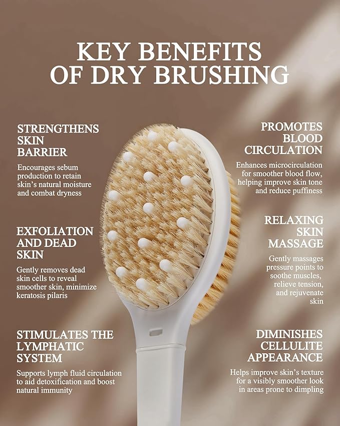 Shower Brush for Massage Dry Brushing: Back Scrubber for Shower with 18.1 in Anti Slip Long Handle - Bath Body Brush for Lymphatic Drainage Exfoliator Improving Skin Health for Women Men Elderly Green