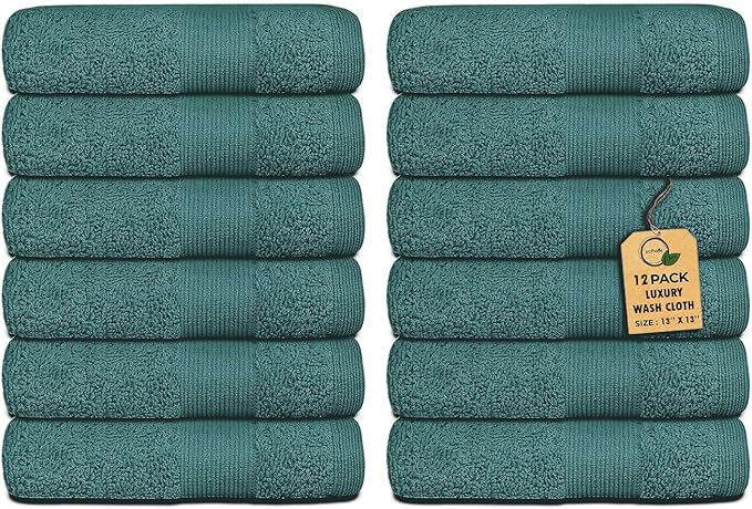 Premium Wash Cloths Pack of 12 (13" x 13") 100% Ring Spun Cotton | Luxury Washcloths | Ultra Soft Face Towels | Highly Absorbent Wash Cloths for face (Teal)