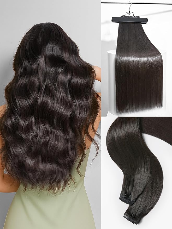 Frodio Clip Ins Hair Extensions Black: 2 Pack 200g Remy Real Human Hair Pu Seamless Silk Long Straight Invisible Full Thick Brazilian Jet Black Natural Color Beauty For Women Can Be Body Wave 14 Piece