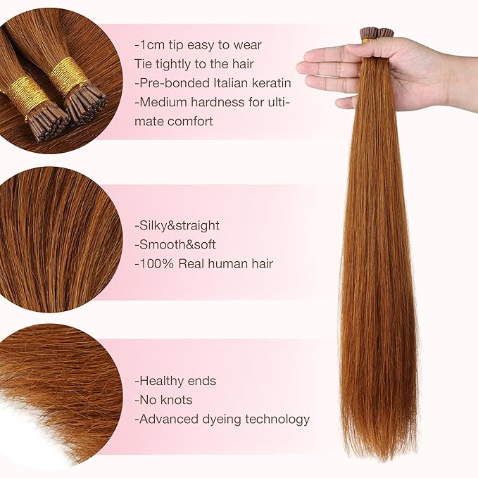 GOO GOO I Tip Hair Extensions, Real Human Hair, 24inch 100g 100S, Cold Fusion I Tip, Invisible Remy, 350 Copper