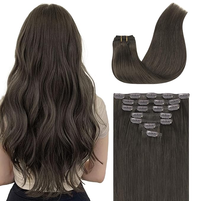GOO GOO Clip in Hair Extensions Real Human Hair, Remy Human Hair Extensions Clip ins for Women, Natural Human Hair, 14inch 120g 7Pcs, 1C Mocha Brown