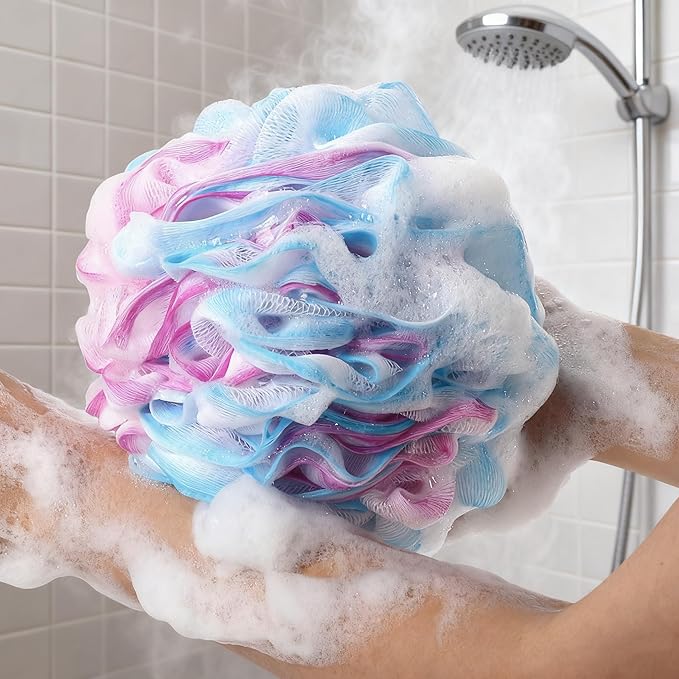 BTYMS Loofah Sponge XXL Large Shower Puffs 100g/pc, Exfoliating Mesh Pouf Bath Scrunchies - Pack of 4