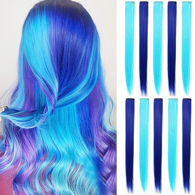 Bright Blue&Blue Wig Pieces Colorful Party Highlights Clip in Coloured Hair Extensions Multicolors Straight Synthetic Hairpieces for Women Kids Girls