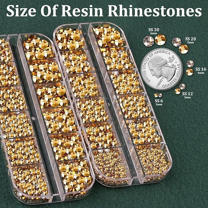 Resin Rhinestones for Crafting with B7000 Jewelry Glue, 2 Boxes Gold Flatback Crystals with 3Pcs 10ml Glue for Bedazzling Crafts DIY Nail Art Makeup，Non Hotfix Gems for Clothing Shoes