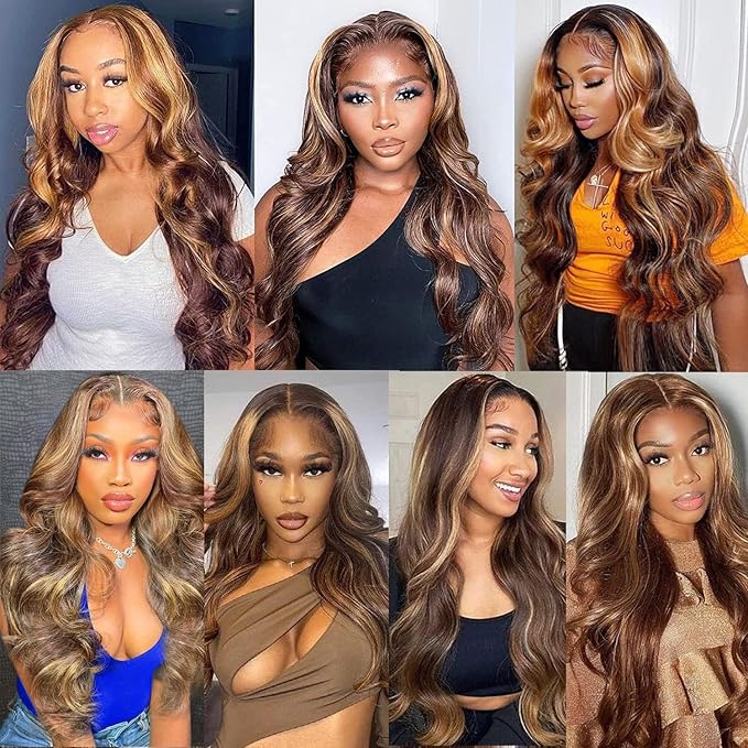 IUPin Highlight Ombre 13x4 Lace Front Wig Human Hair Body Wave Honey Blonde Glueless HD Transparent Lace Frontal Wigs for Women 200 Density Human Hair Pre Plucked with Baby Hair 32 Inch