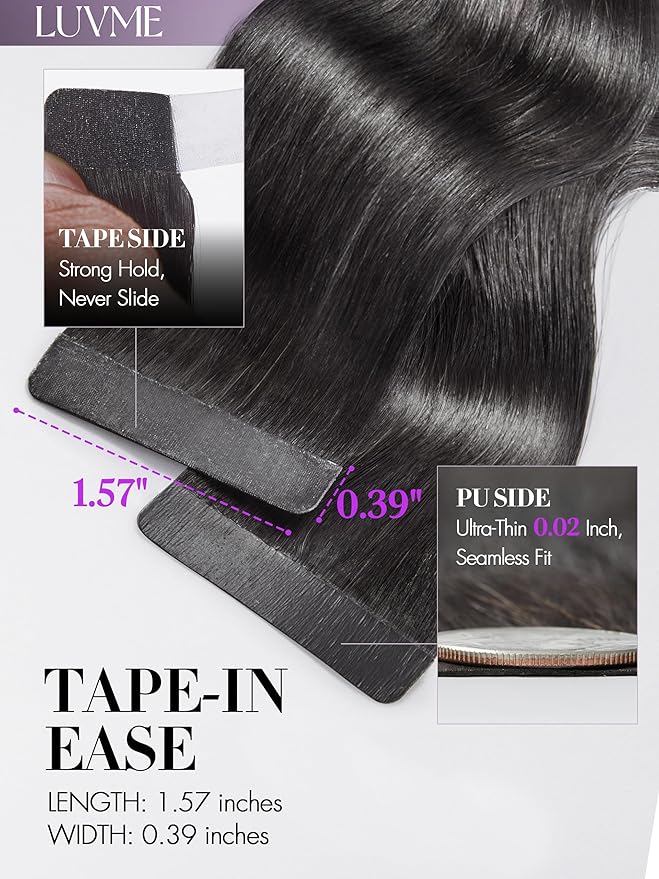 LUVME Invisible Tape in Hair Extensions Human Hair 24 Inch 110g 40pcs Body Wave Natural Black Double Sided Seamless Tape Extensions