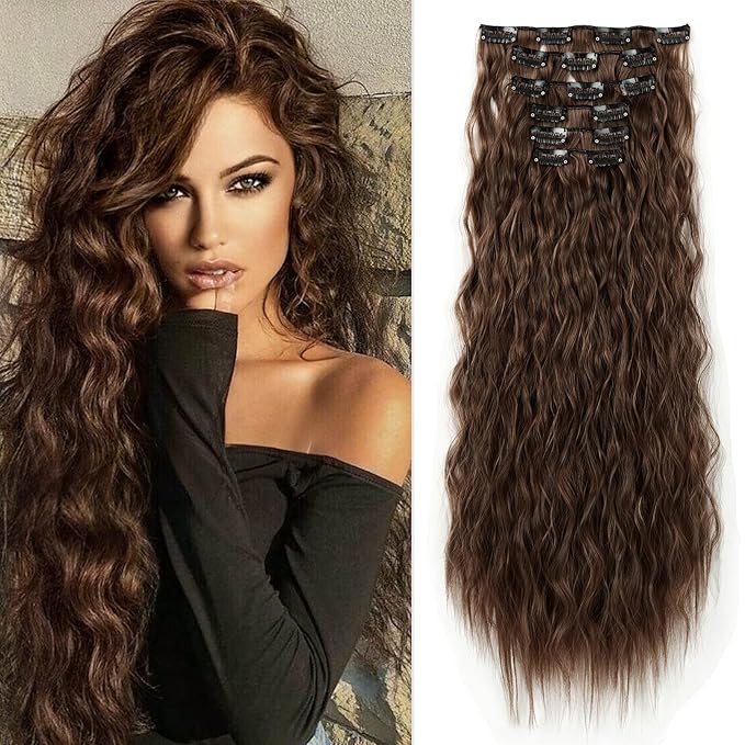 LONAI Clip In Hair Extensions, 6PCS Curly 24" Long Synthetic Clip On Hairpiece For Women-Dark Brown with Copper Highlights