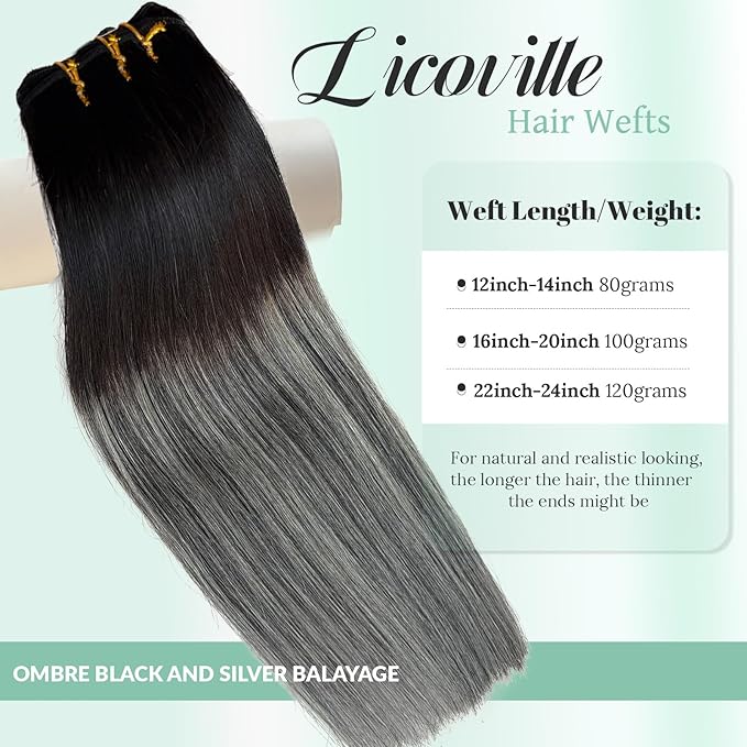 Weft Hair Extensions Balayage Black and Silver Sew in Hair Extensions Real Human Hair Ombre Silver Gray Bundles 16 Inch 100G Natural Black with Grey Highlights Remy Hair Wefts