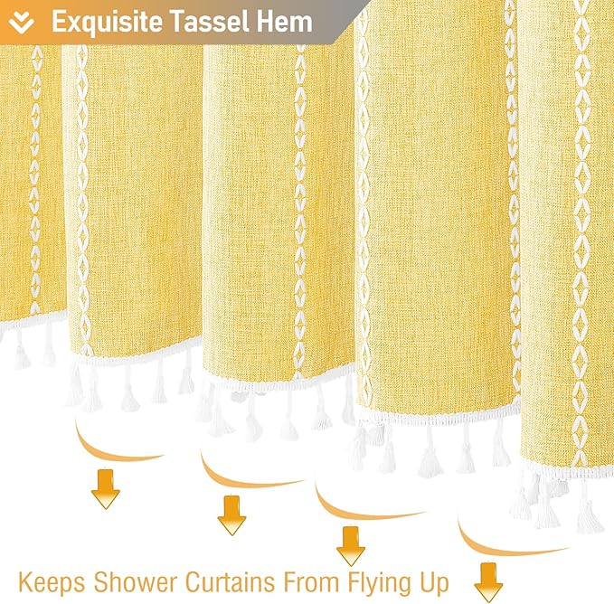 BTTN Boho Farmhouse Shower Curtain - Linen Rustic Heavy Duty Striped Fabric Shower Curtain Set, Bohemian Vintage Country Cloth Shower Curtains for Bathroom, Yellow, 72" W x 72" L (Pack of 1)