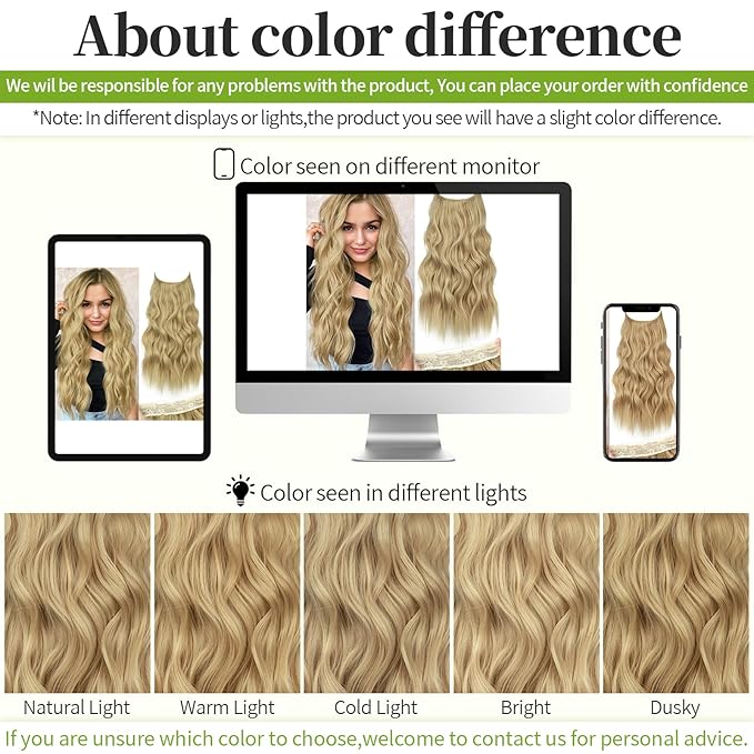 KooKaStyle Invisible Wire Hair Extensions with Transparent Wire Adjustable Size Long Wavy Synthetic Hairpiece Golden Blonde 20 Inch with 4 Secure Clips for Women
