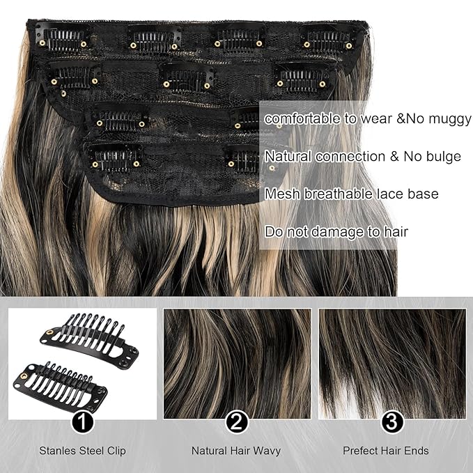 Clip in Hair Extensions Black Mix Blonde Natural Long Wavy Synthetic Hairpieces for Women Highlights Color Synthetic Easy to Install Double Weft 20 Inch 4 Pcs