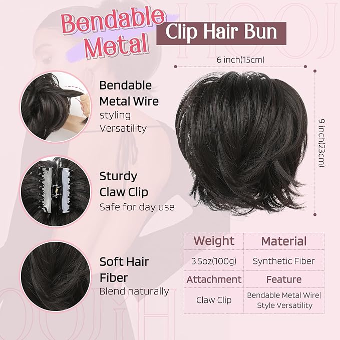 HOOJIH Messy Bun Hair Piece, Claw Clip in Straight Hair Bun 9 Inch Short Ponytail Extension with Bendable Metal Wire Hair Pieces for Women Fake Hair Bun DIY Styles - Black Brown