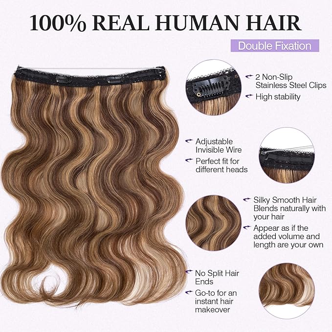 Halo Hair Extensions Real Human Hair,Halo Hair Extension 100% Human Hair,Wire Hair Extensions,Wavy 4P27 Medium Brown Mixed Dark Blonde 65g/18inch