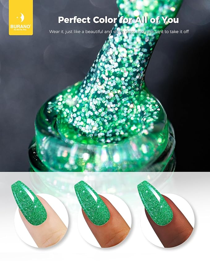 BURANO Glitter Gel Nail Polish with LED UV Curing; No Chip Shimmer Holographic Effect; Sparkle Gel for Green LP66