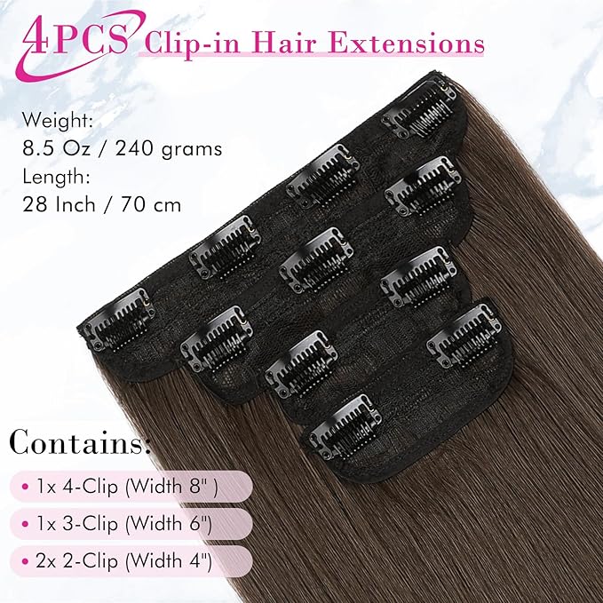 REECHO 28" Straight Long 4 PCS Set Thick Clip in on Hair Extensions -Chocolate Brown
