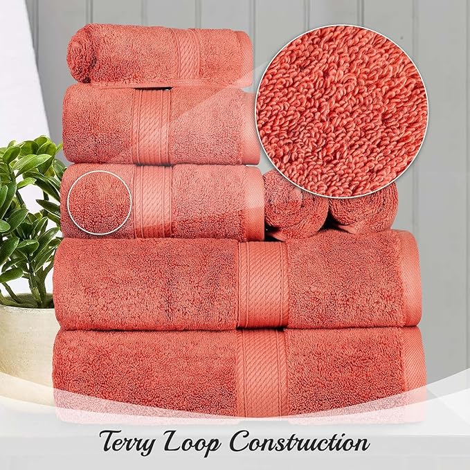 Superior Egyptian Cotton Pile Face Towel/Washcloth Set of 6, Ultra Soft Luxury Towels, Thick Plush Essentials, Absorbent Heavyweight, Guest Bath, Hotel, Spa, Home Bathroom, Shower Basics, Coral