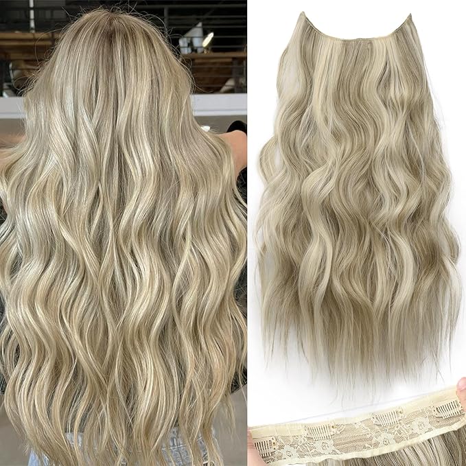 KooKaStyle Invisible Wire Hair Extensions with Transparent Headband Adjustable Size 4 Secure Clips Long Wavy Secret Wire Hairpiece 24 Inch for Women (9H60A#Ash Brown mix Platinum Blonde)