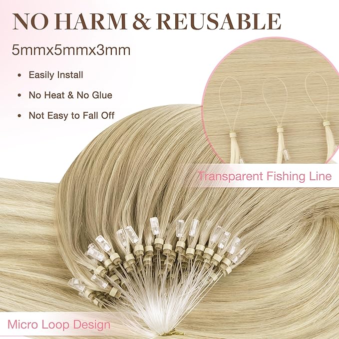 GOO GOO Micro Link Tip Hair Extensions, Real Human Hair, 18inch 50g 50S, Cold Fusion, Invisible Remy, Natural Blonde Balayage