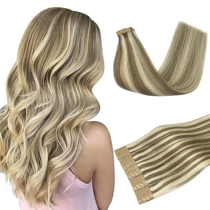 DOORES Tape in Hair Extensions Real Human Hair, Light Brown Highlighted Medium Blonde 10 Inch 30g 20pcs, Hair Extensions Tape in Straight Hair Extension