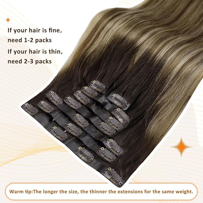 Full Shine Balayage Clip in Hair Extensions 22 Inch Seamless Hair Extensions Clip in Dark Brown to Medium Brown with Caramel Blonde Real Human Hair 8 PCS 120 G