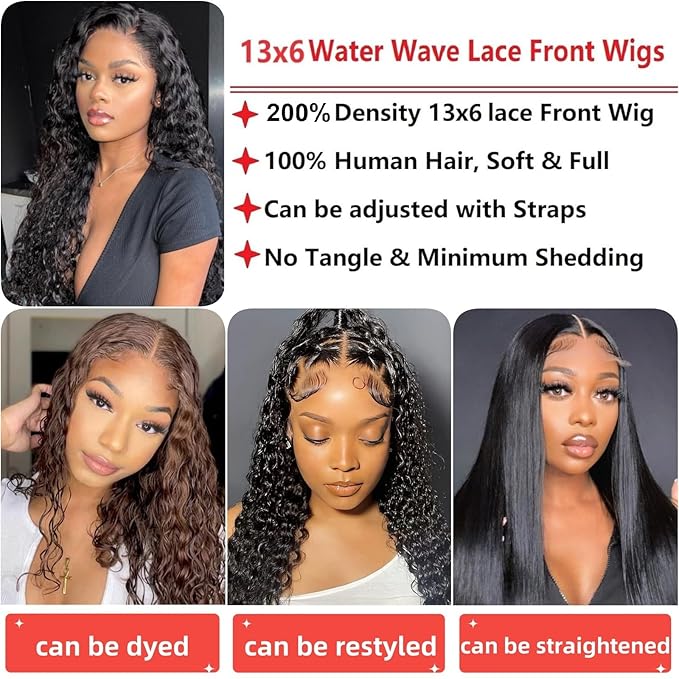 13x6 HD Transparent Lace Front Wigs Human hair Pre Plucked 200% Density Brazilian Water Wave Frontal Wigs Human Hair with Baby Hair Natural Hairline Natural Black Color 28 Inch