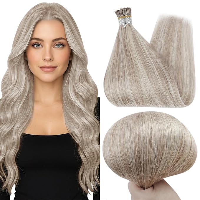 Full Shine I Tip Hair Extensions Real Human Hair Ash Blonde Highlight Platinum Blonde Itips Human Hair Extensions Pre Bonded Keratin Extensions 16 Inch 50 Grams add Volume